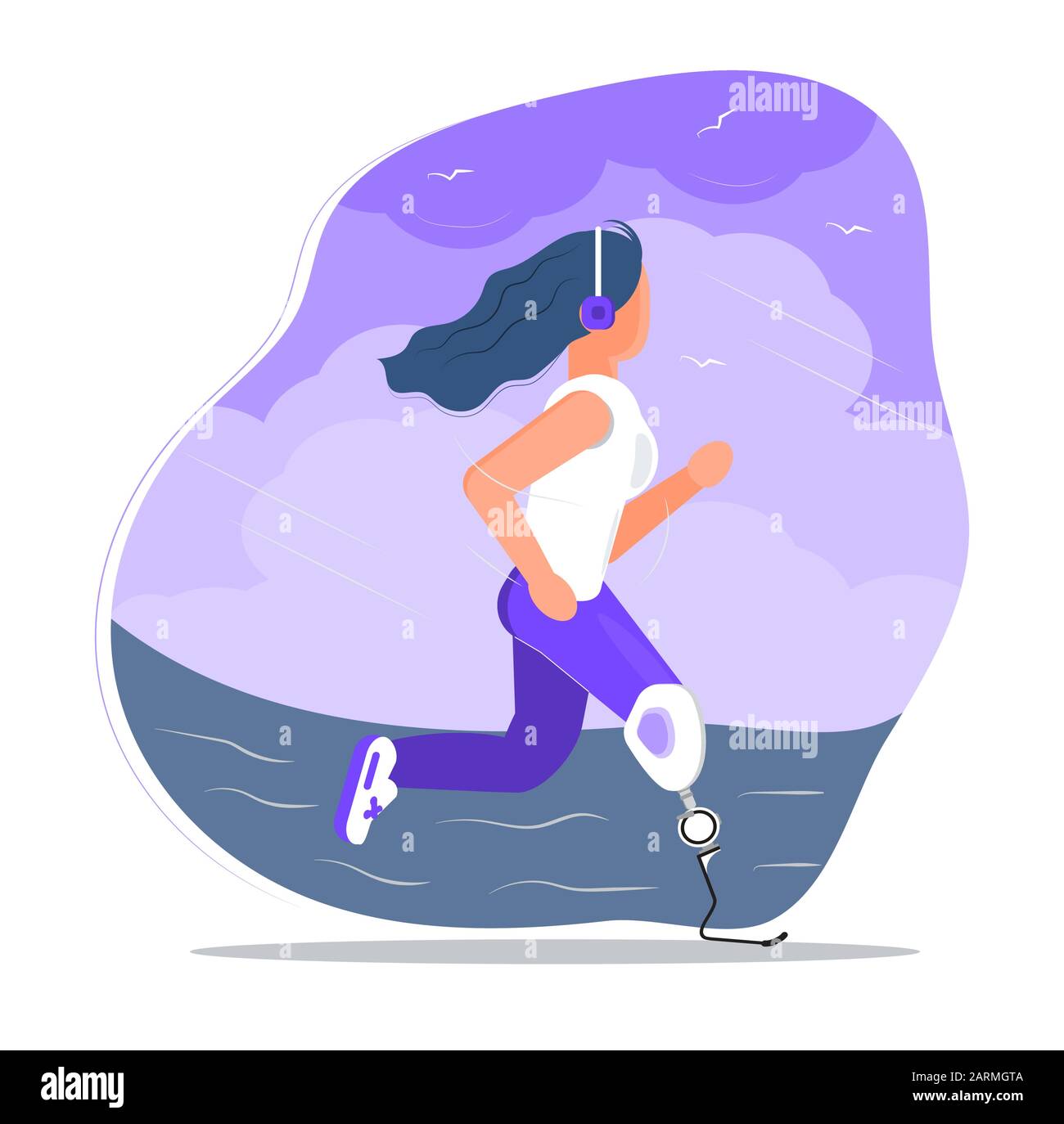 Canal d'alimentation désactivé avec prothèse de jambe. Une femme longe la plage. Les athlètes paralympiques se jetant sur les tourbières, s'entraîner avant le marathon. Jour d'invalidité, mois. Personne non valide dans Illustration de Vecteur