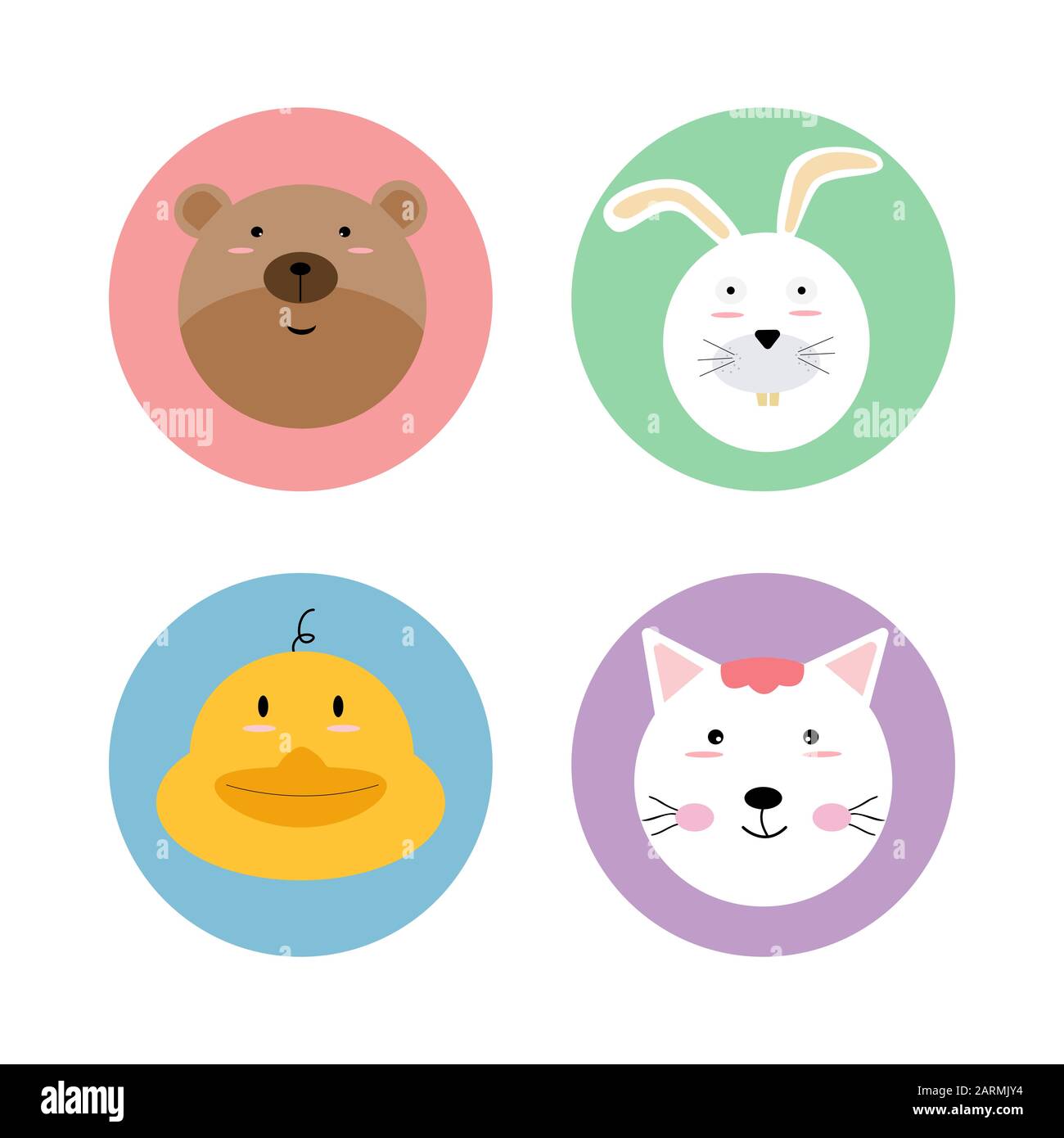 Animaux animaux animaux animaux animaux sauvages cercle icône logo étiquette étiquette jeu avec ours, lapin, canard et chat. Illustration plate vecteur dessin dessin de personnage de dessin isolé. Illustration de Vecteur
