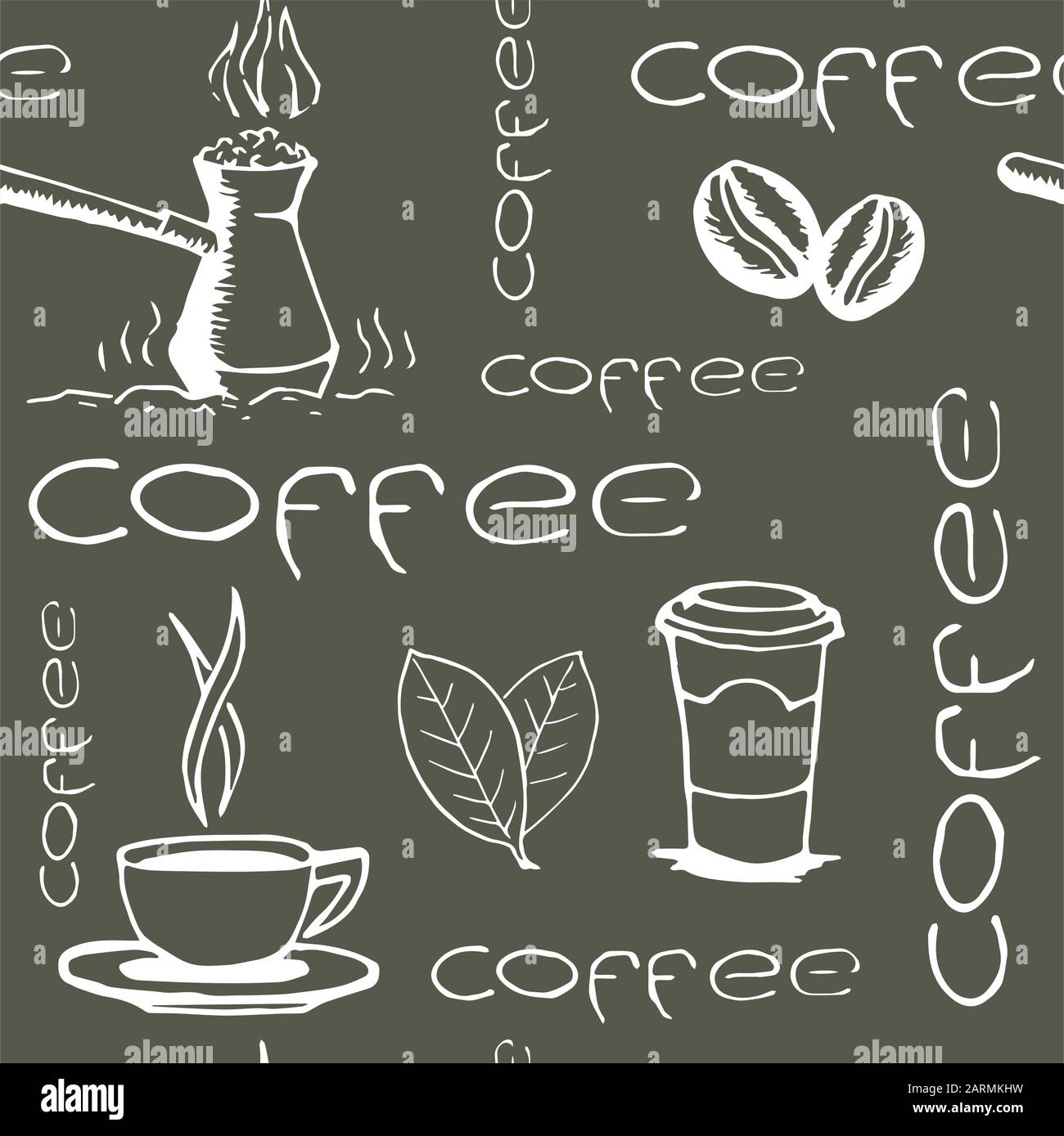 Motif sans couture dessiné à la main avec tasses à café, cizve, haricots, feuilles et lettrage. Texture d'emballage esquisse. Illustration des eps8 vectorielles. Illustration de Vecteur