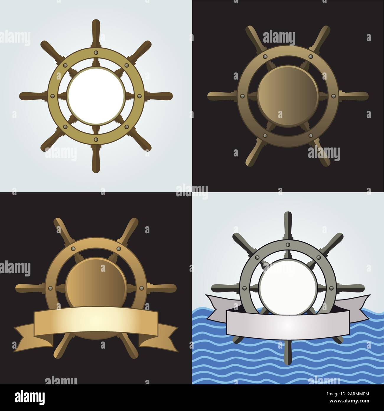 Ensemble de quatre arrière-plans vectoriels de gouvernail de navire. Volant de bord avec bannière vierge et espace pour votre texte. Illustration des eps8 vectorielles. Illustration de Vecteur