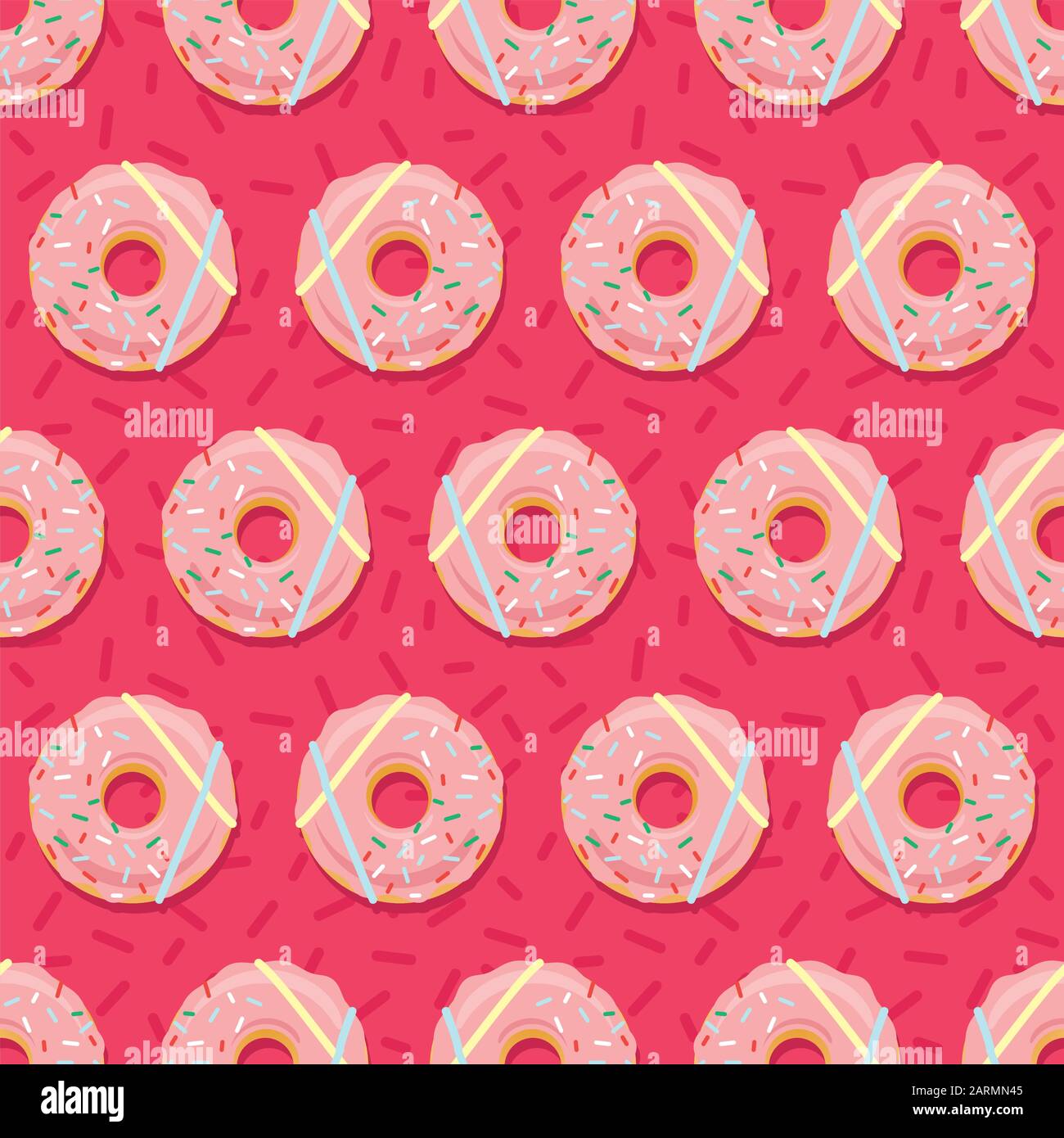Motif sans couture beignet. Beignets de sucre sucré dans le glaçage rose sur fond rouge crémeux. Décoration de boulangerie alimentaire. Illustration des eps8 vectorielles. Illustration de Vecteur