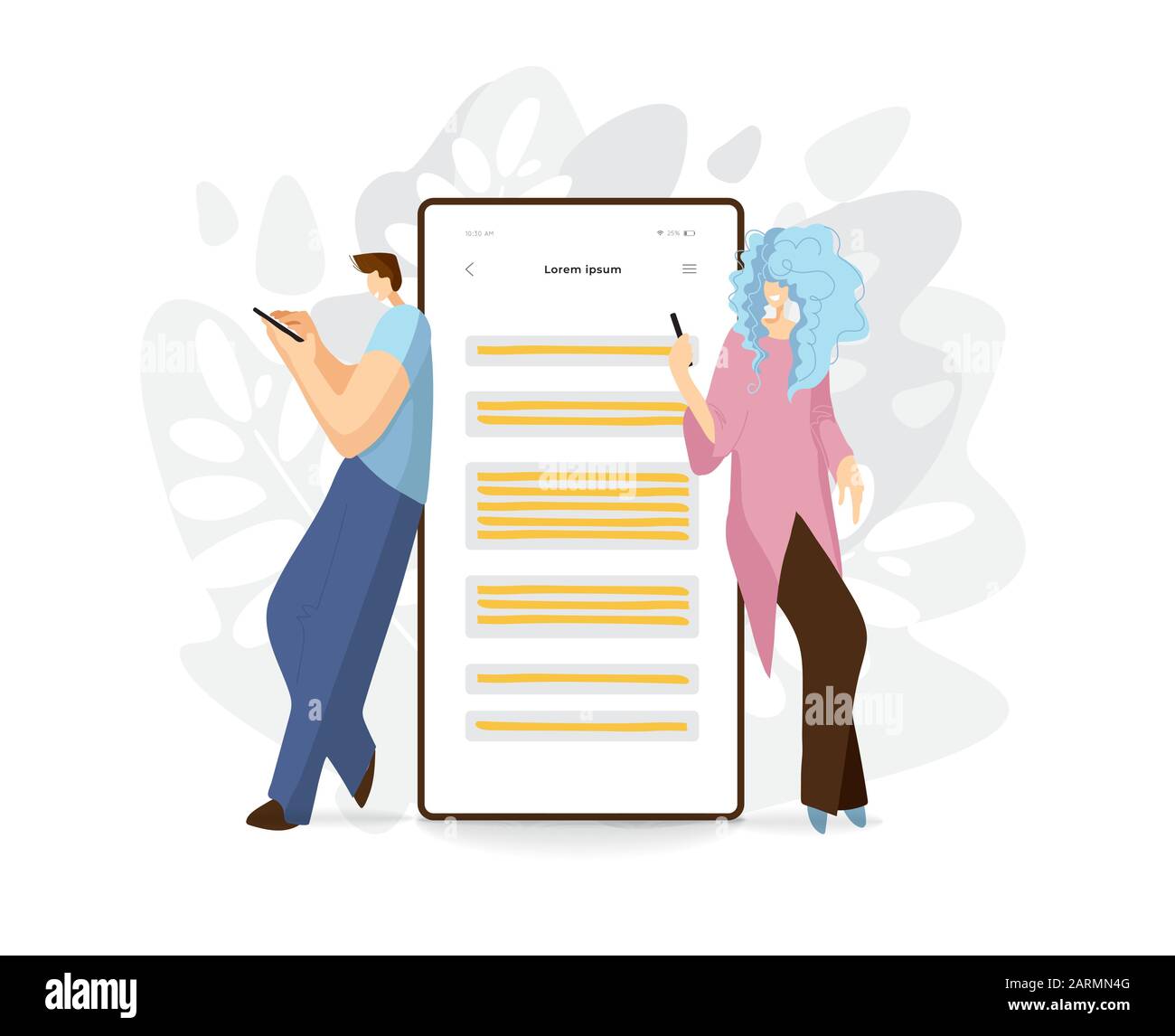 Concept universel vectoriel plat avec homme et femme debout près d'un énorme téléphone mobile, chat en ligne, donner des commentaires, faire des achats en ligne. Mobile Illustration de Vecteur
