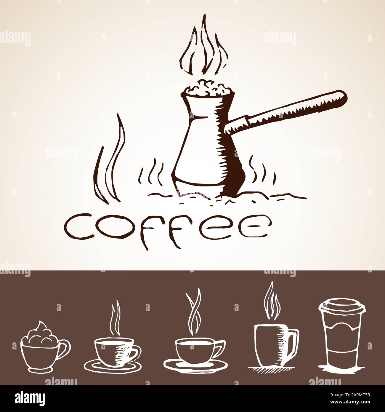Jeu d'esquisses de café. Collection de photos dessinées à la main avec cézve, tasses, mug et lettrage. Peut être utilisé pour la conception de menus, les bannières, le Web, etc Illustration de Vecteur Jeu d'esquisses de café. Collection de photos dessinées à la main avec cézve, tasses, mug et lettrage. Peut être utilisé pour la conception de menus, les bannières, le Web, etc Illustration de Vecteur