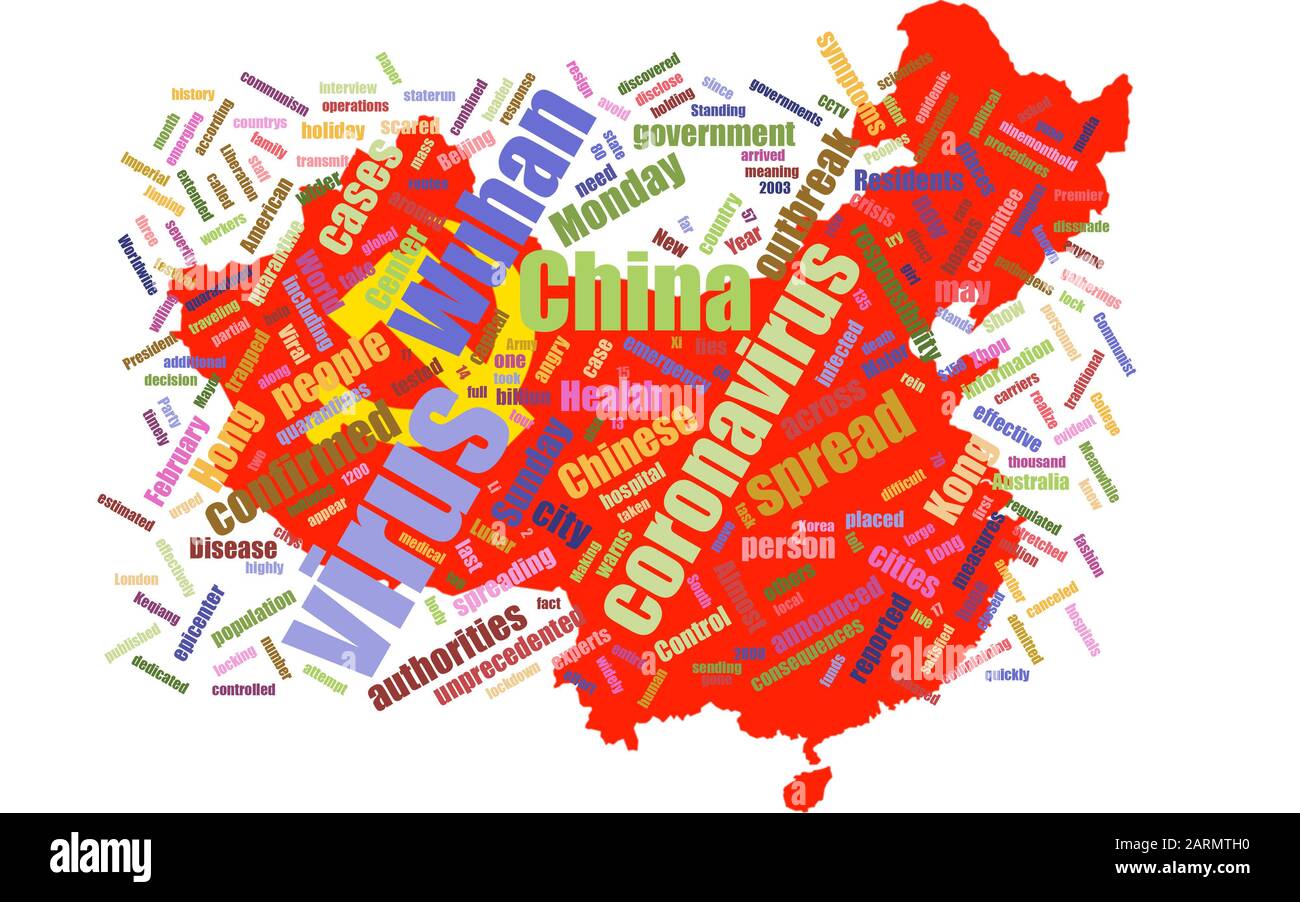 Wuhan coronavirus concept de pandémie dans le mot tag nuage sur la carte de la Chine isolé sur fond blanc. Éclosion de coronavirus 2019-nCoV. Banque D'Images