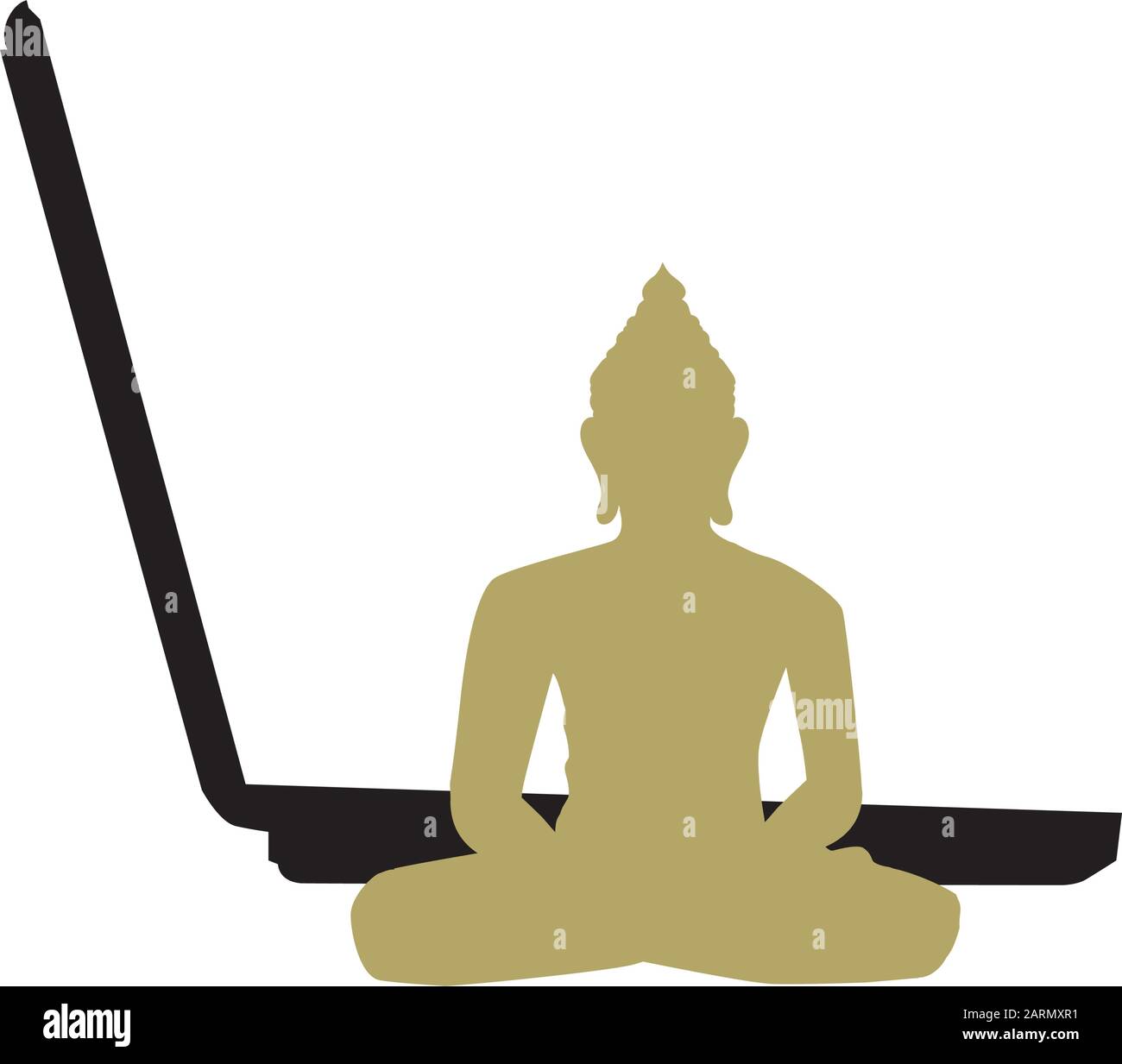 Bouddha méditant miniature et ordinateur portable ouvert Illustration de Vecteur