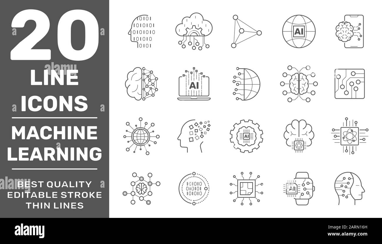 Intelligence Artificielle, Technologie Moderne Et Icônes D'Apprentissage Machine. Y compris les icônes ai, iot, cerveau numérique, robot, robotique, apprentissage de machine Illustration de Vecteur