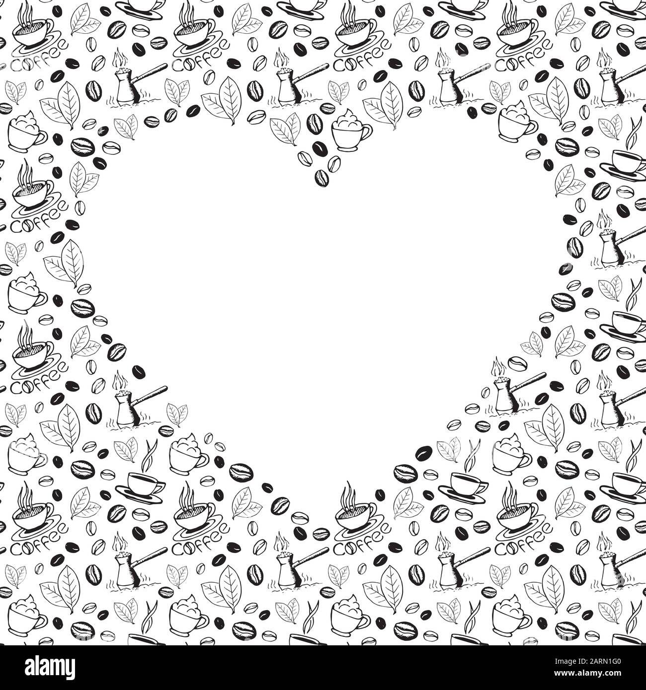 Fond de gribouille de café avec une forme de coeur vierge à l'intérieur. Motif de symboles croquis dessinés à la main. Illustration des eps8 vectorielles. Illustration de Vecteur