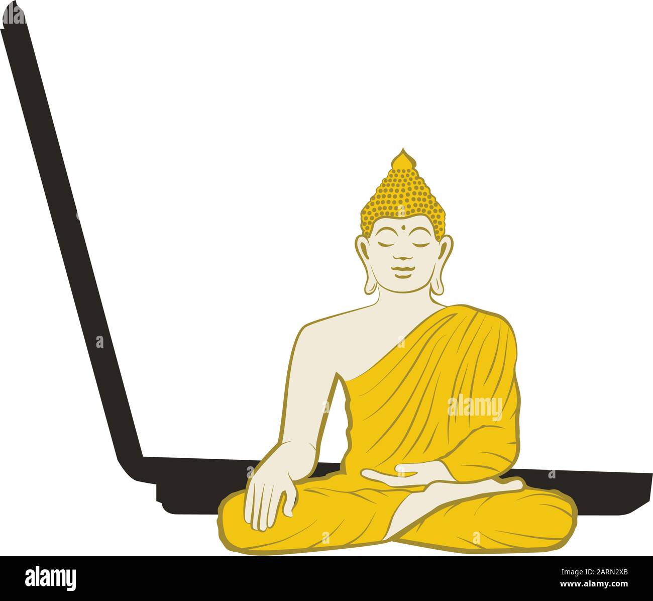 Bouddha méditant miniature et ordinateur portable ouvert Illustration de Vecteur