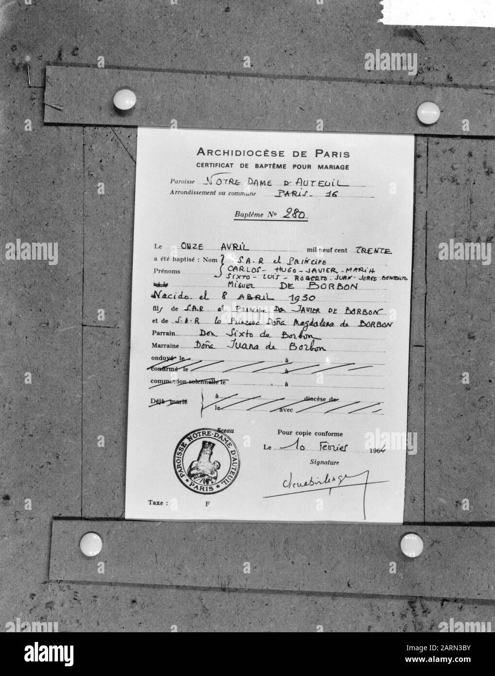 Extraits certificat de naissance de Don Carlos Date : 26 février 1964 mots clés : certificats de naissance, princes Nom personnel : Don Carlos Banque D'Images