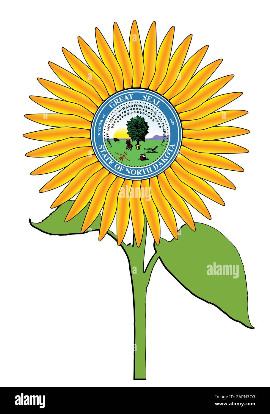 La tête d'une grande plante de tournesol isolée sur un fond blanc avec le sceau de l'état des États-Unis du Dakota du Nord un état de croissance de tournesol majeur Illustration de Vecteur