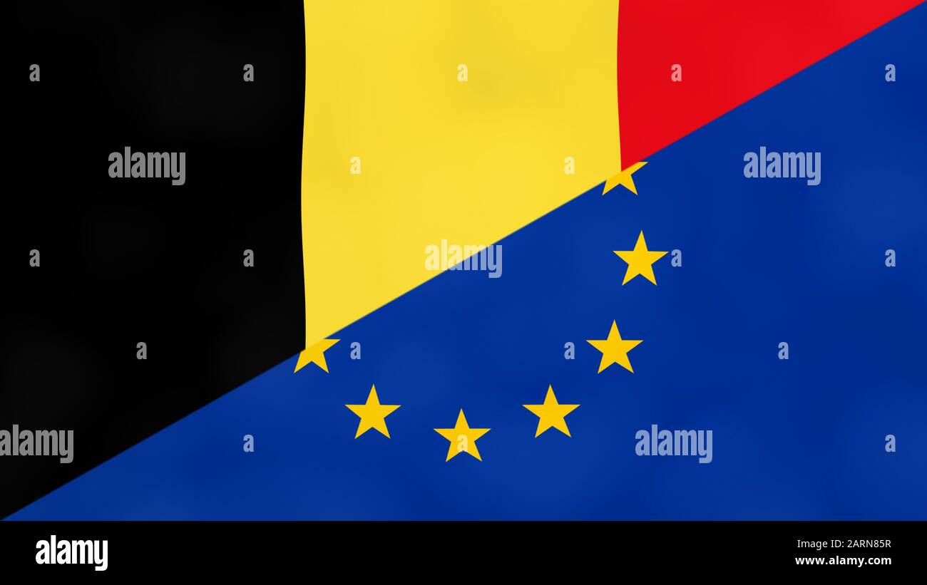 Drapeau belge et européen scindé. Concept de Brexit de la Belgique quittant l'Union européenne. Banque D'Images