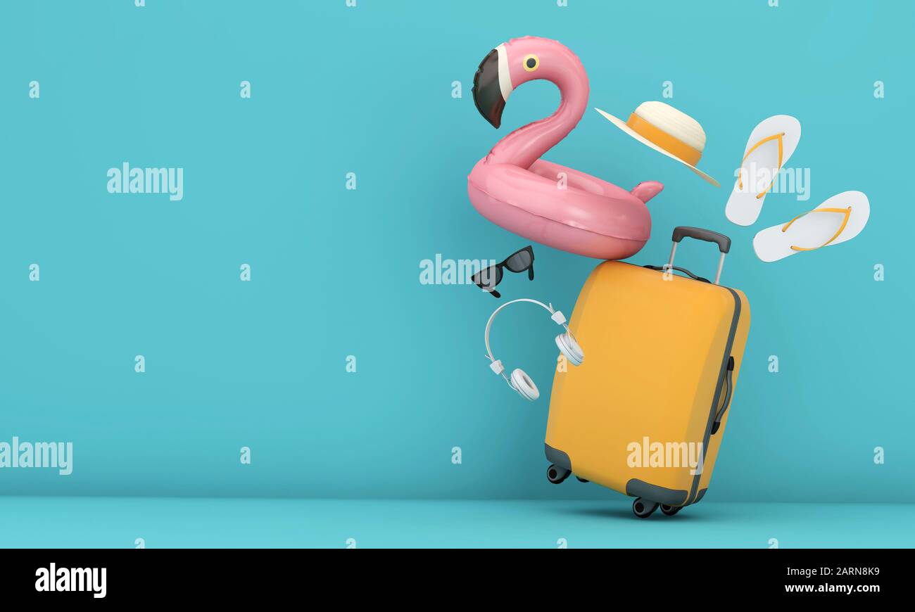 Vacances d'été fond avec valise et flamants roses. Rendu 3D Banque D'Images