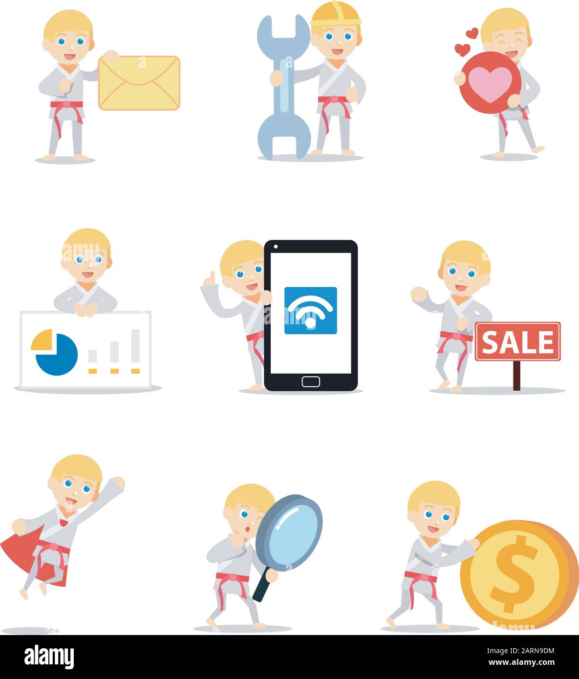 Un jeu de personnages carate l'homme vaincre son ennemi avec un coup de pied déathly. Illustration de Vecteur