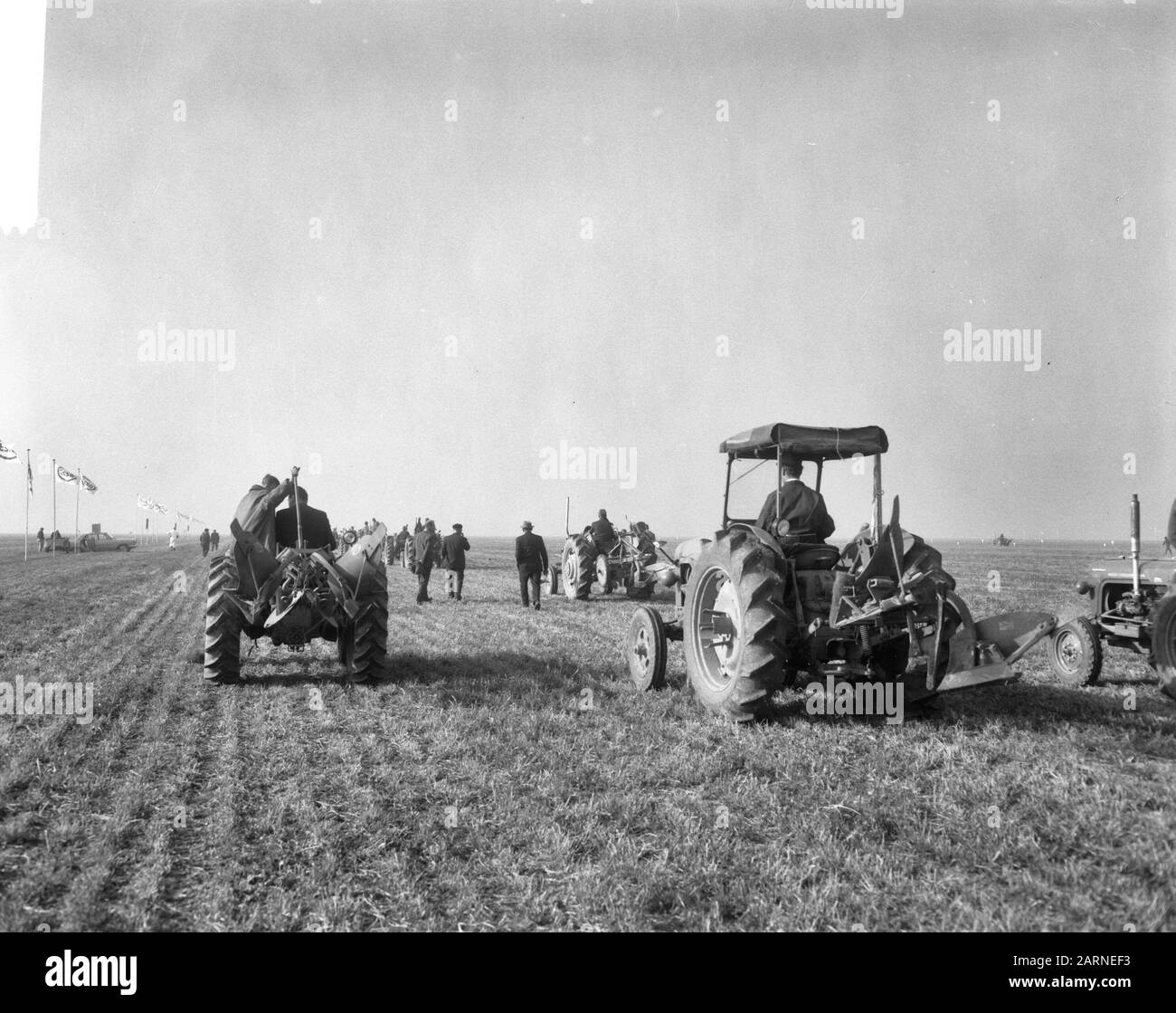 L'équipe nationale se dispute 1965 chez Swifterbant Tractors Equipé de charrues Date: 26 octobre 1965 lieu: Flevoland, Swifterbant mots clés: Arable, labour, outils agricoles, tracteurs, concours Banque D'Images