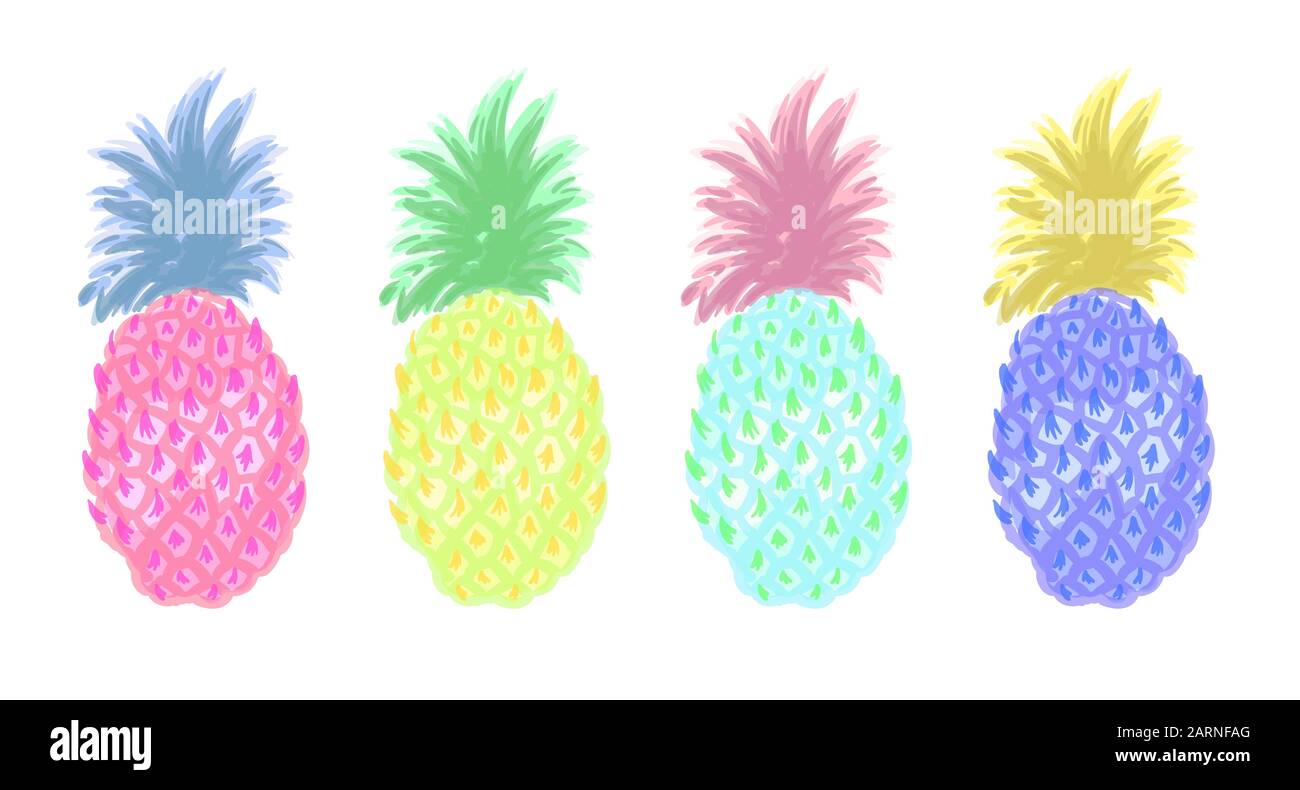 Définir l'Ananas au milieu du siècle en style pop art, menthe verte, bleu et rose pastel vector isolé sur fond blanc Illustration de Vecteur