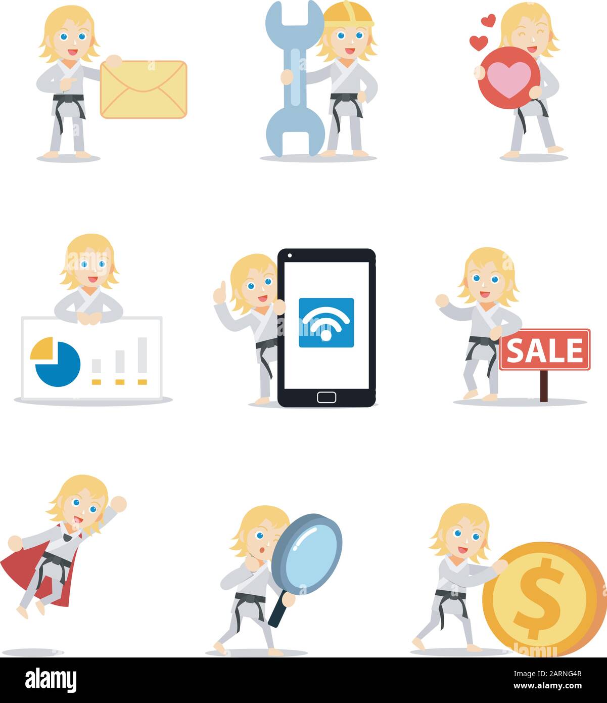 Jeu de personnages de l'entraînement de karaté féminin avec hurlement. Illustration de Vecteur