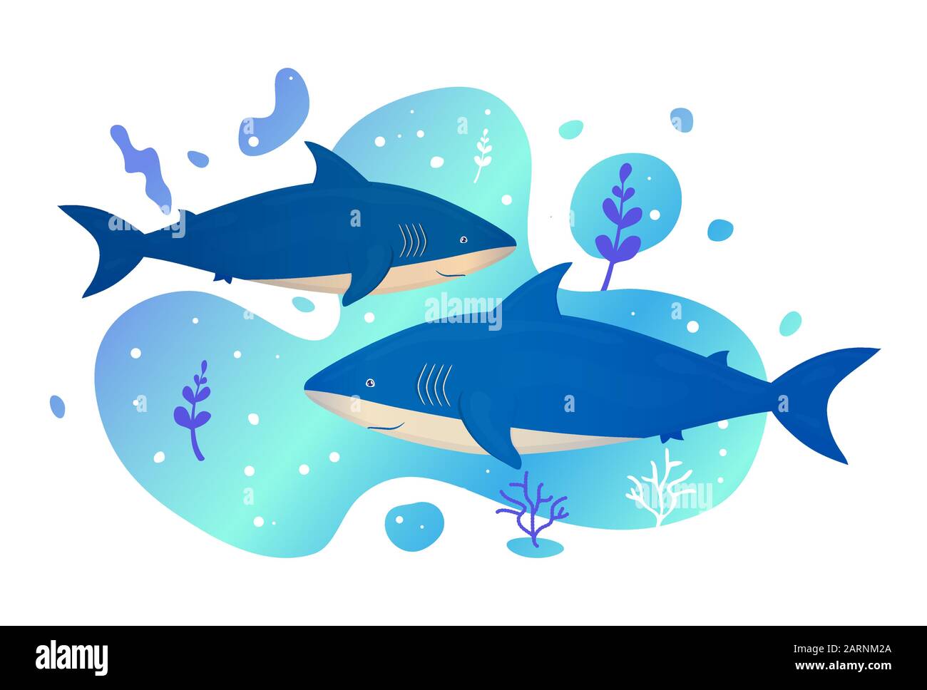Deux requins dans la mer. Poissons d'océan. Vie sauvage marine sous-marine. Illustration vectorielle. Illustration de Vecteur