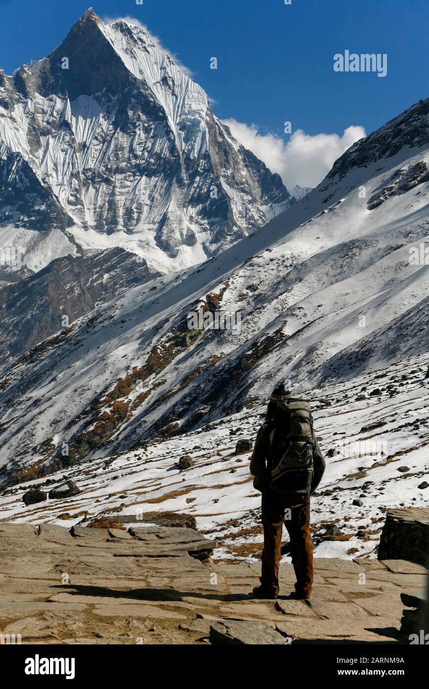 Trekkers à la chaîne de montagnes Annapurna au Népal Banque D'Images