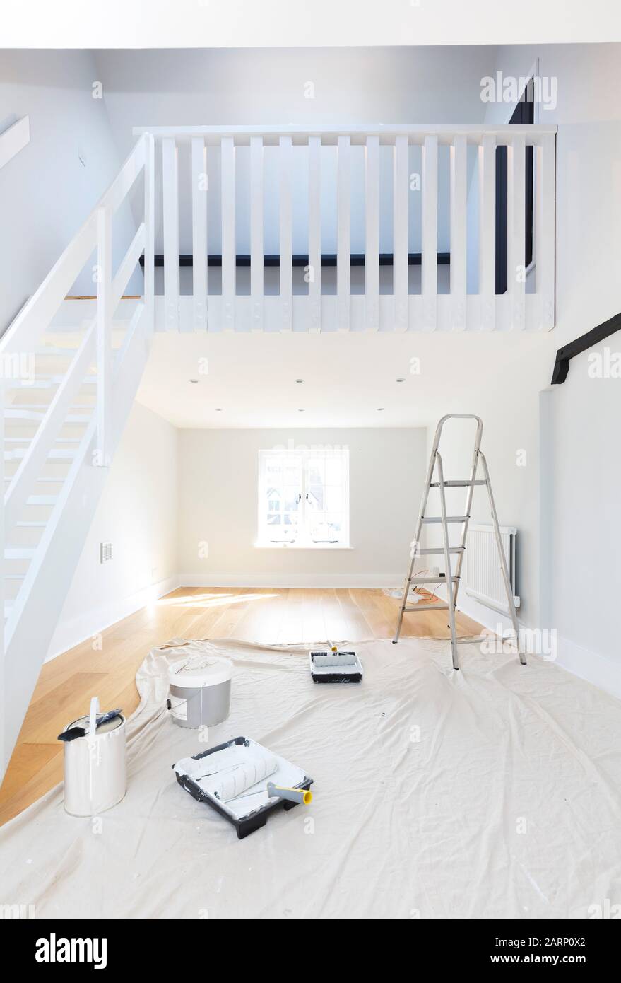 Décoration d'une pièce avec émulsion. Décrit l'amélioration de la maison, le bricolage et la redécoration Banque D'Images