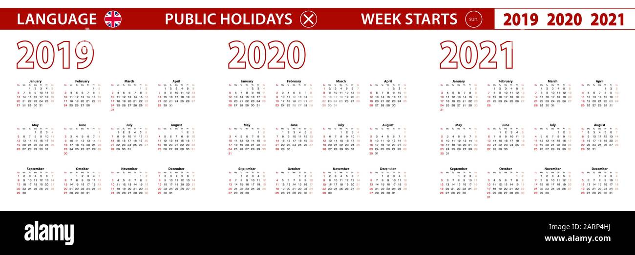 2019, 2020, 2021 ans de calendrier vectoriel en langue anglaise, la semaine commence le dimanche. Calendrier vectoriel. Illustration de Vecteur