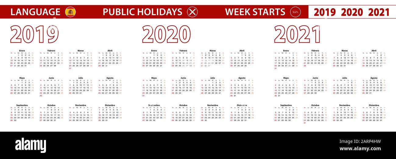 2019, 2020, 2021 ans de calendrier vectoriel en langue espagnole, la semaine commence le dimanche. Calendrier vectoriel. Illustration de Vecteur