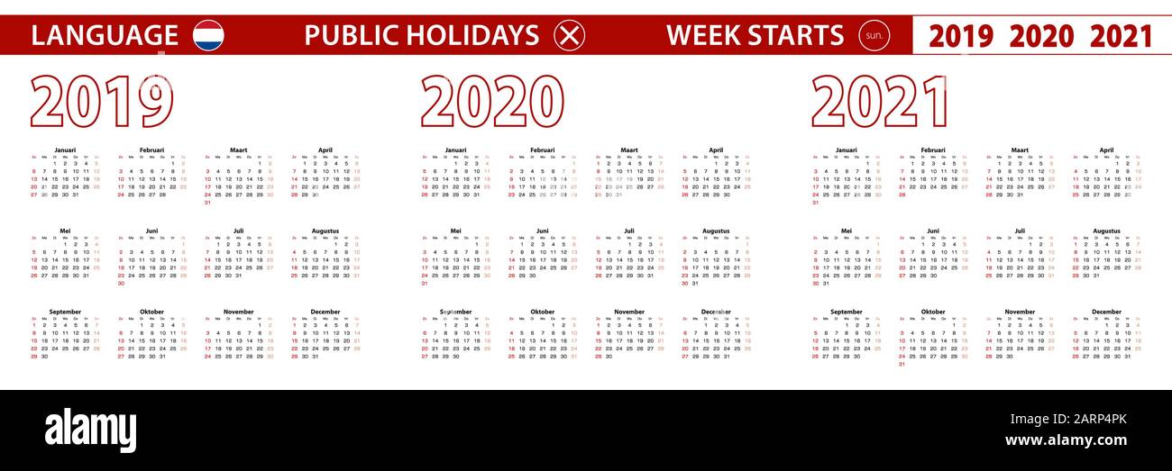 2019, 2020, 2021 ans de calendrier vectoriel en langue néerlandaise, la semaine commence dimanche. Calendrier vectoriel. Illustration de Vecteur