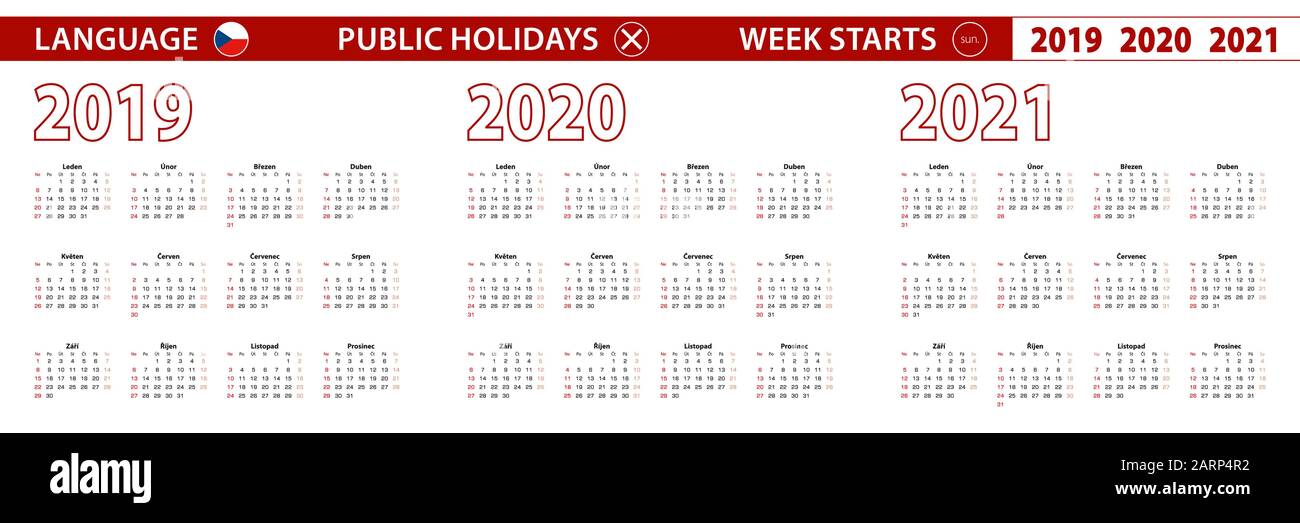 2019, 2020, 2021 ans de calendrier vectoriel en langue tchèque, la semaine commence dimanche. Calendrier vectoriel. Illustration de Vecteur