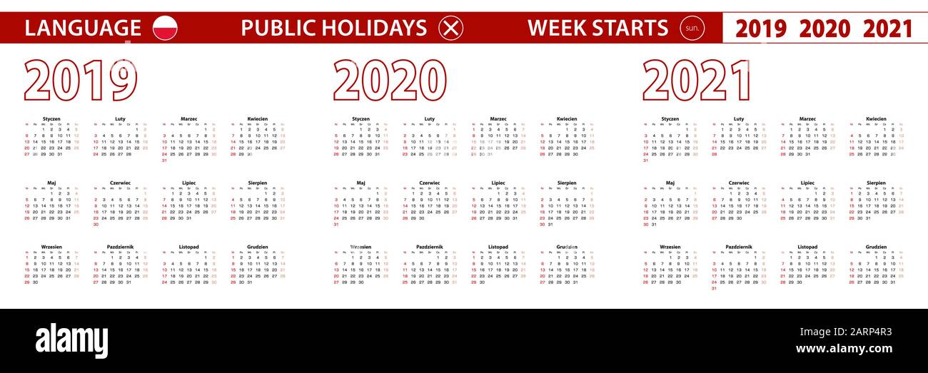 2019, 2020, 2021 ans de calendrier vectoriel en langue polonaise, la semaine commence dimanche. Calendrier vectoriel. Illustration de Vecteur