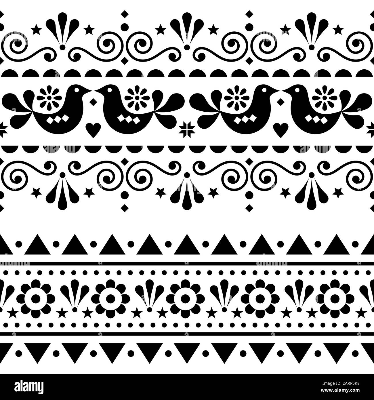 Les Scandinaves sont sans coutures à motif vectoriel long, à fleurs répétées et mignonne motif nordique avec des oiseaux en noir sur fond blanc Illustration de Vecteur