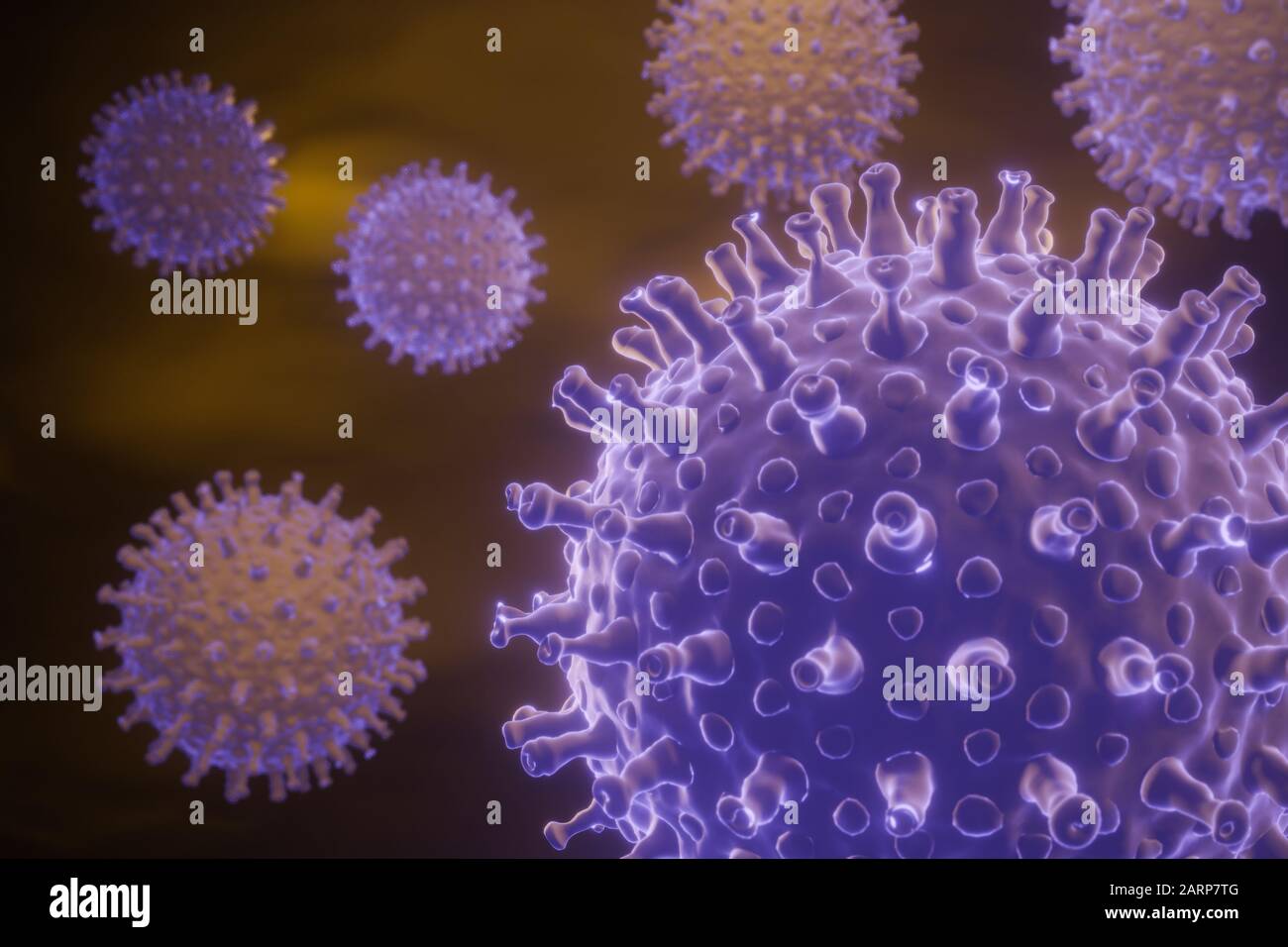 Cellules de coronavirus dans le corps humain. Virus respiratoire en vue microscopique. Illustration du rendu tridimensionnel. Gros plan et espace de copie. Concept de soins de santé. Banque D'Images
