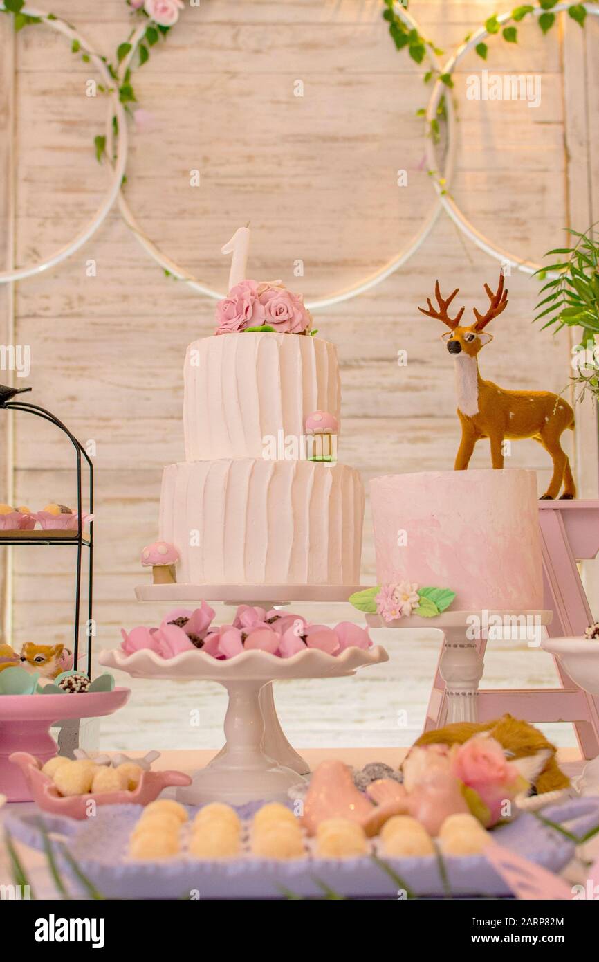 Magnifique Gateau Creme Blanc A Deux Etages Decore Avec Une Bougie Et Des Roses De 1 An Fete D Anniversaire Concept D Une Annee De Naissance Fete Celebration Du Frv Photo Stock