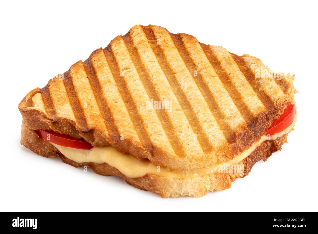 Sandwich au fromage grillé et à la tomate avec des marques de gril isolées sur blanc. Banque D'Images