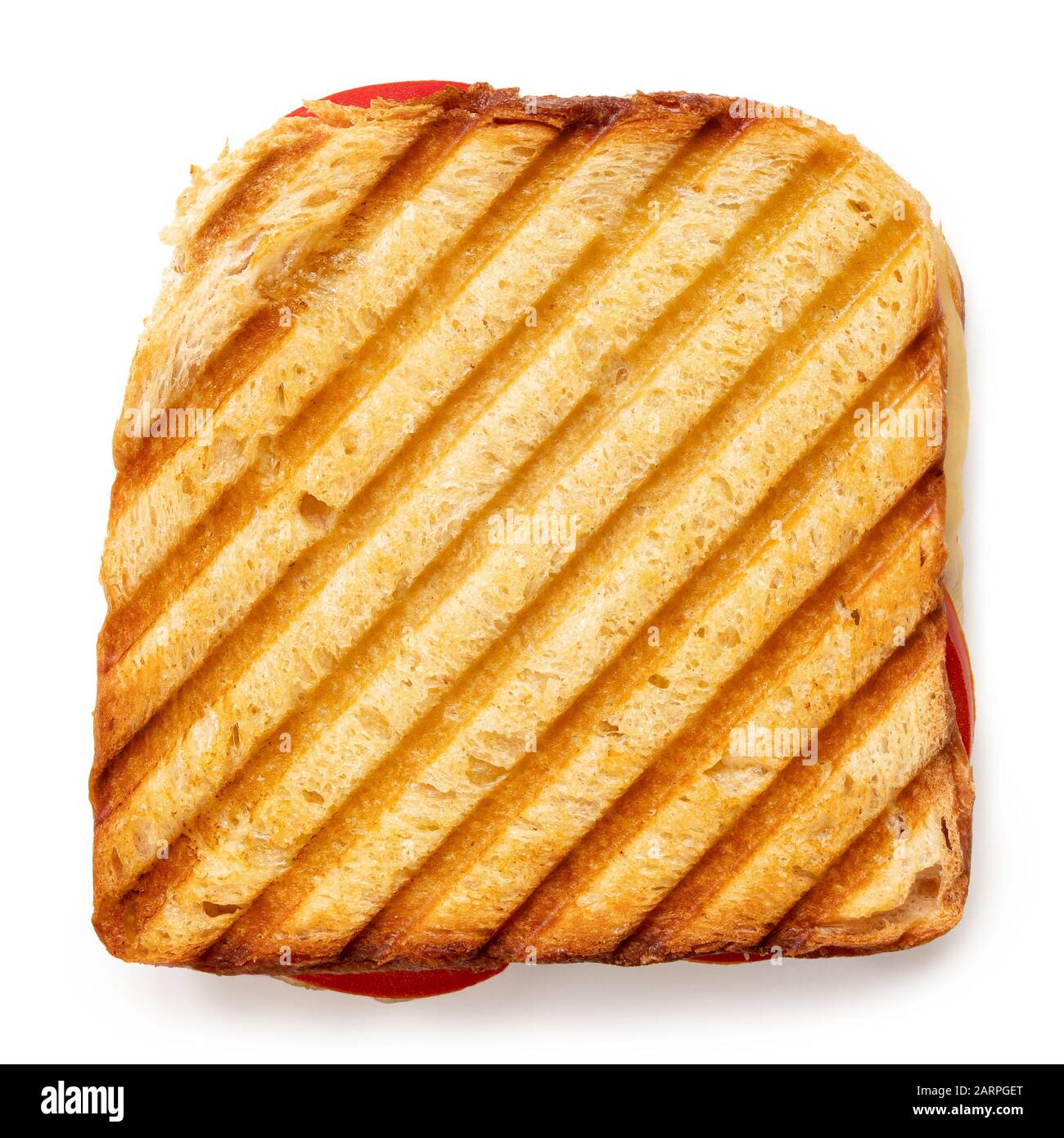 Sandwich au fromage grillé et à la tomate avec des marques de gril isolées sur blanc. Vue de dessus. Banque D'Images