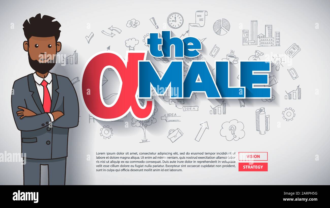 Beau Homme D'Affaires africain Se Trouve Près du texte ALPHA MÂLE. Dominance de l'Individu grand, Fort et Dominant dans le monde des affaires et de la société. Concept De Hiérarchie Sociale. Modèle De Conception Web. Illustration de Vecteur