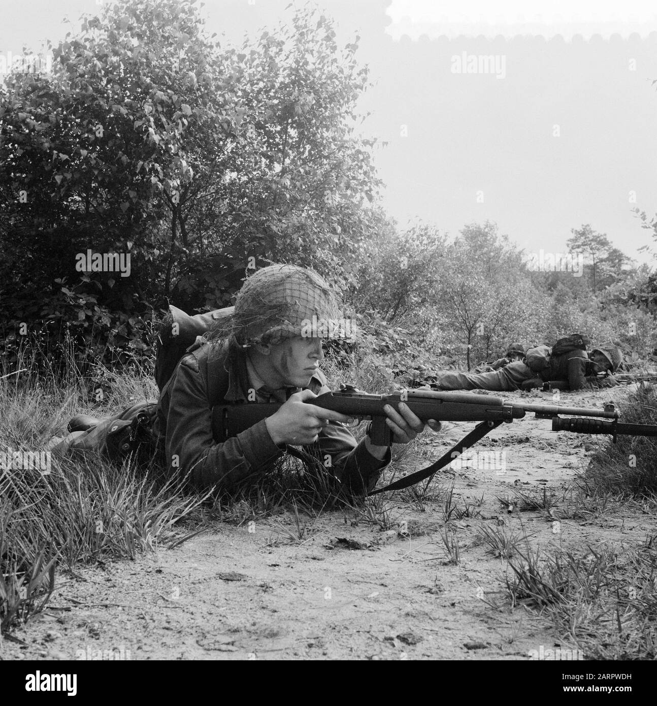 Exercice militaire de trois jours pour le 43ème régiment d'infanterie du camp de résine. Infanterie en action Date: 30 juillet 1957 lieu: Harskamp mots clés: Action, Infantry, exercices Banque D'Images