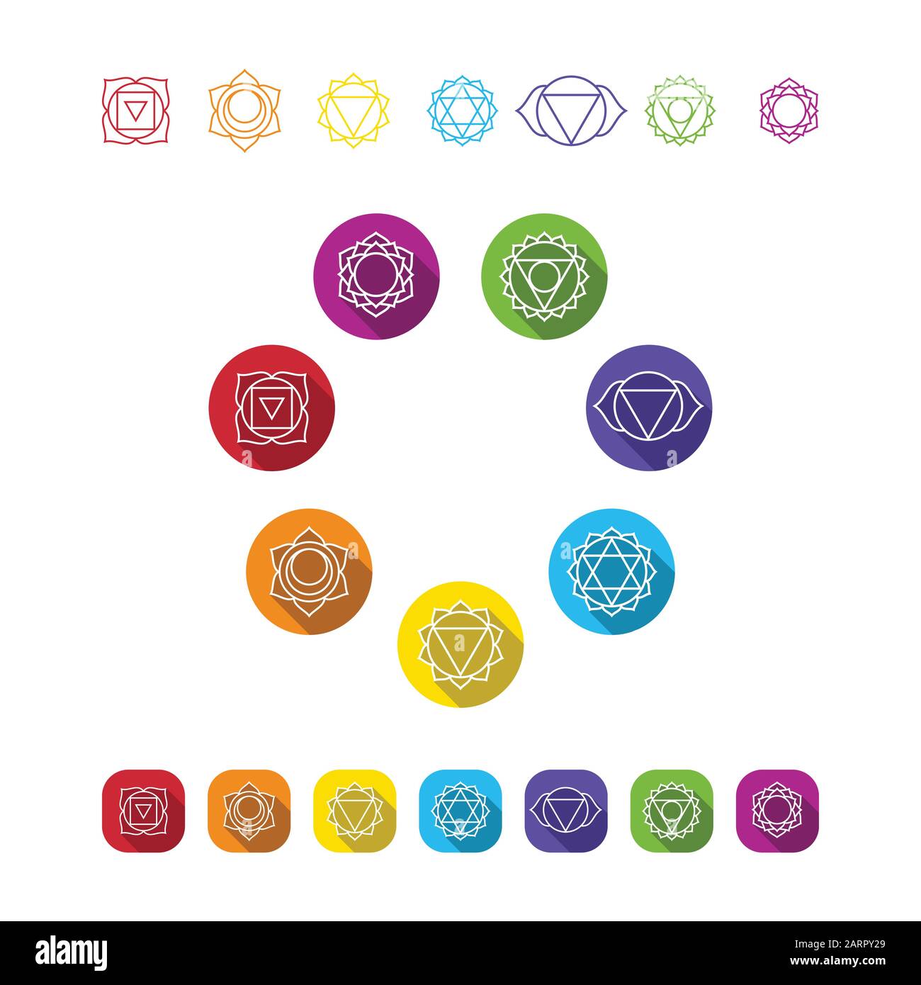 Jeu de symboles vectoriels de chakras. Illustration de caractère de l'hindouisme et du bouddhisme. Illustration de Vecteur