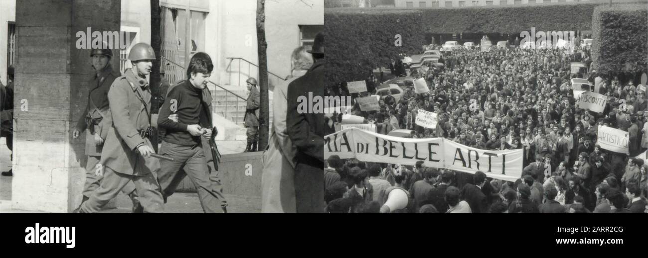 Émeutes à l'université : lutte entre fascistes et communistes, arrestation de la police, Rome, Italie le 16 mars 1968 Banque D'Images