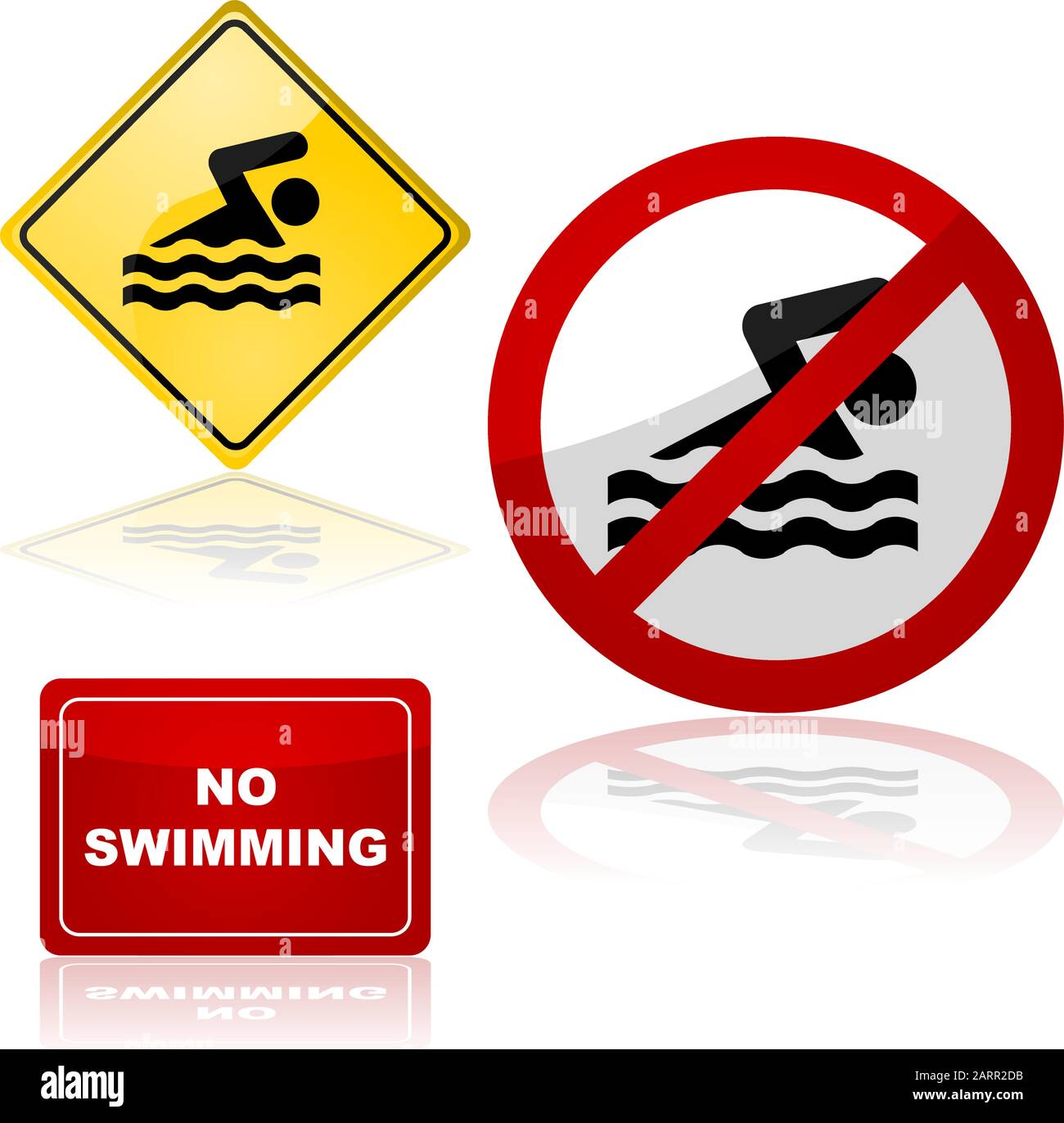 Ensemble d'icônes montrant des panneaux de signalisation pour la natation et aucune zone de baignade Illustration de Vecteur