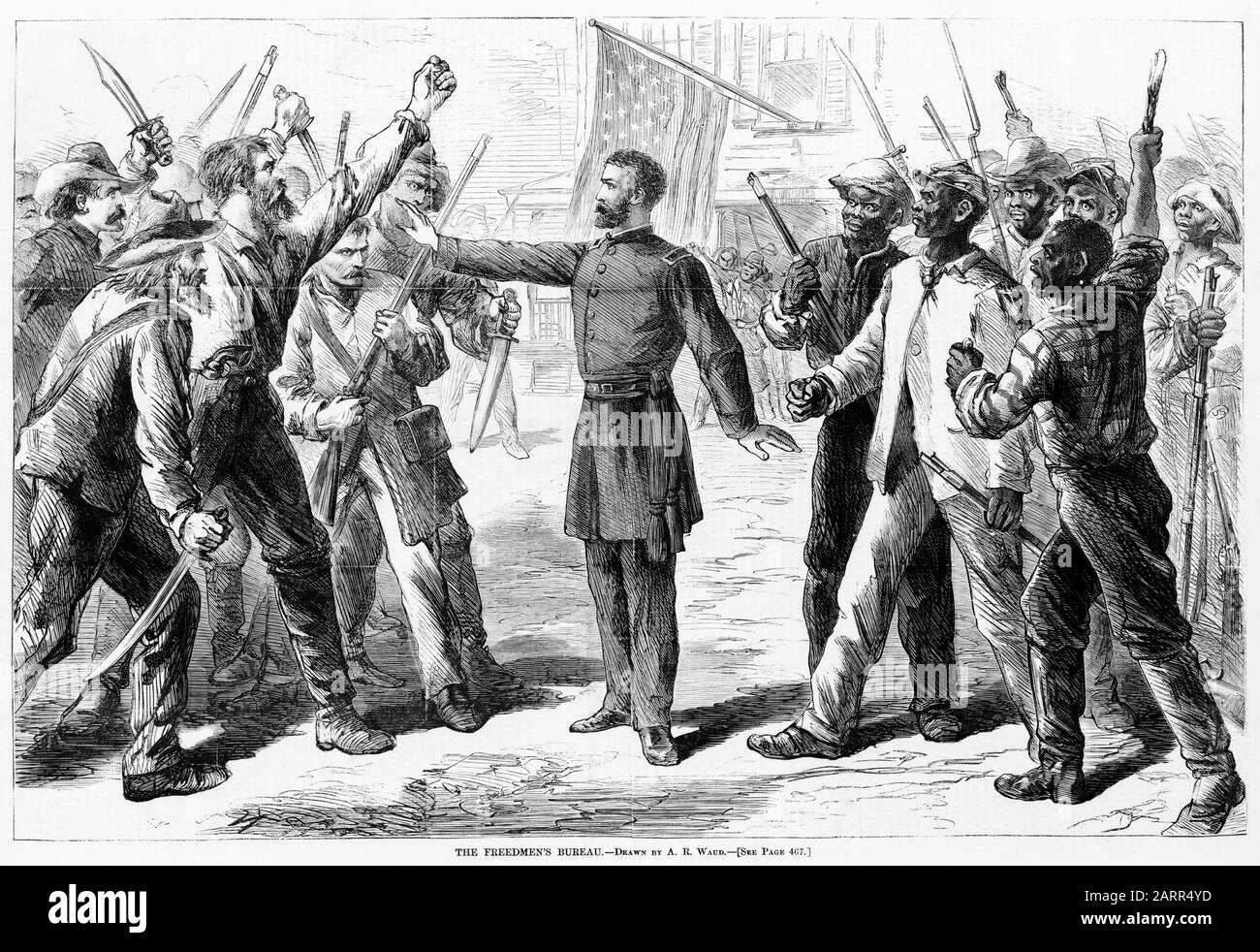 Homme représentant le Bureau de Freedmen (Bureau de Freedman) se tient entre des groupes armés d'Américains blancs et d'Afro-américains, imprimer 1868 Banque D'Images