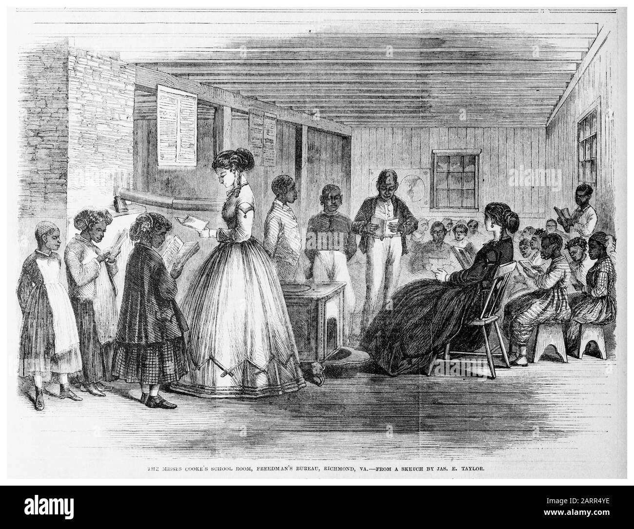Freedmen's School, The Misses Cooke's School room, Freedman's Bureau, Richmond, Virginie, éducation pour les enfants d'esclaves Afro-américains libérés, imprimer 1866 Banque D'Images
