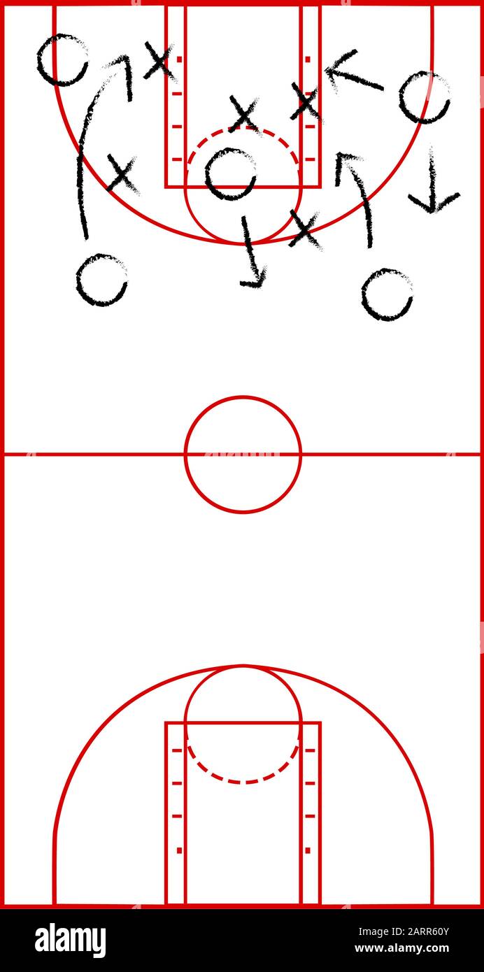 Cartoon illustration montrant un terrain de basket-ball tirées sur un flipboard avec flèches représentant un plan de jeu Illustration de Vecteur