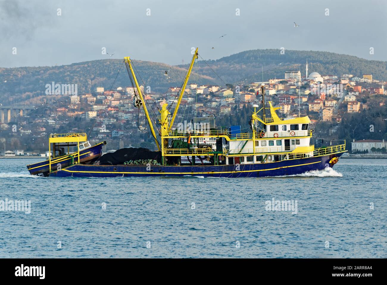 Bateau De Peche Commerciale De Type Chalutier Traversant Le Detroit Du Bosphore A Istanbul Un Grand Bateau De Sauvetage Pendu Sur Le Dos Et Des Mouettes Volantes Photo Stock Alamy