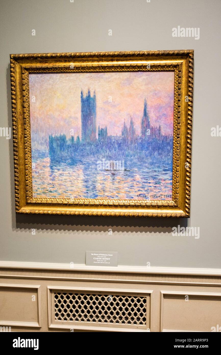 Monet encadré, huile sur toile, « les Chambres du Parlement, coucher de soleil », suspendu dans la National Gallery of Art, Washington D.C. Banque D'Images