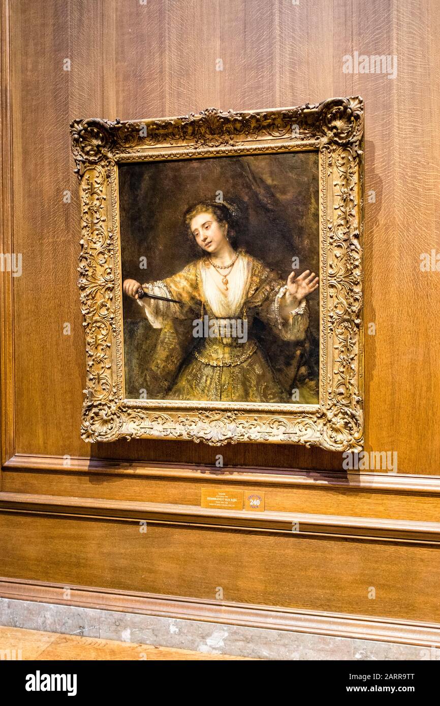 Un Rembrandt encadré, huile sur toile, 'lucretia', suspendu à la National Gallery of Art, Washington D.C. Banque D'Images