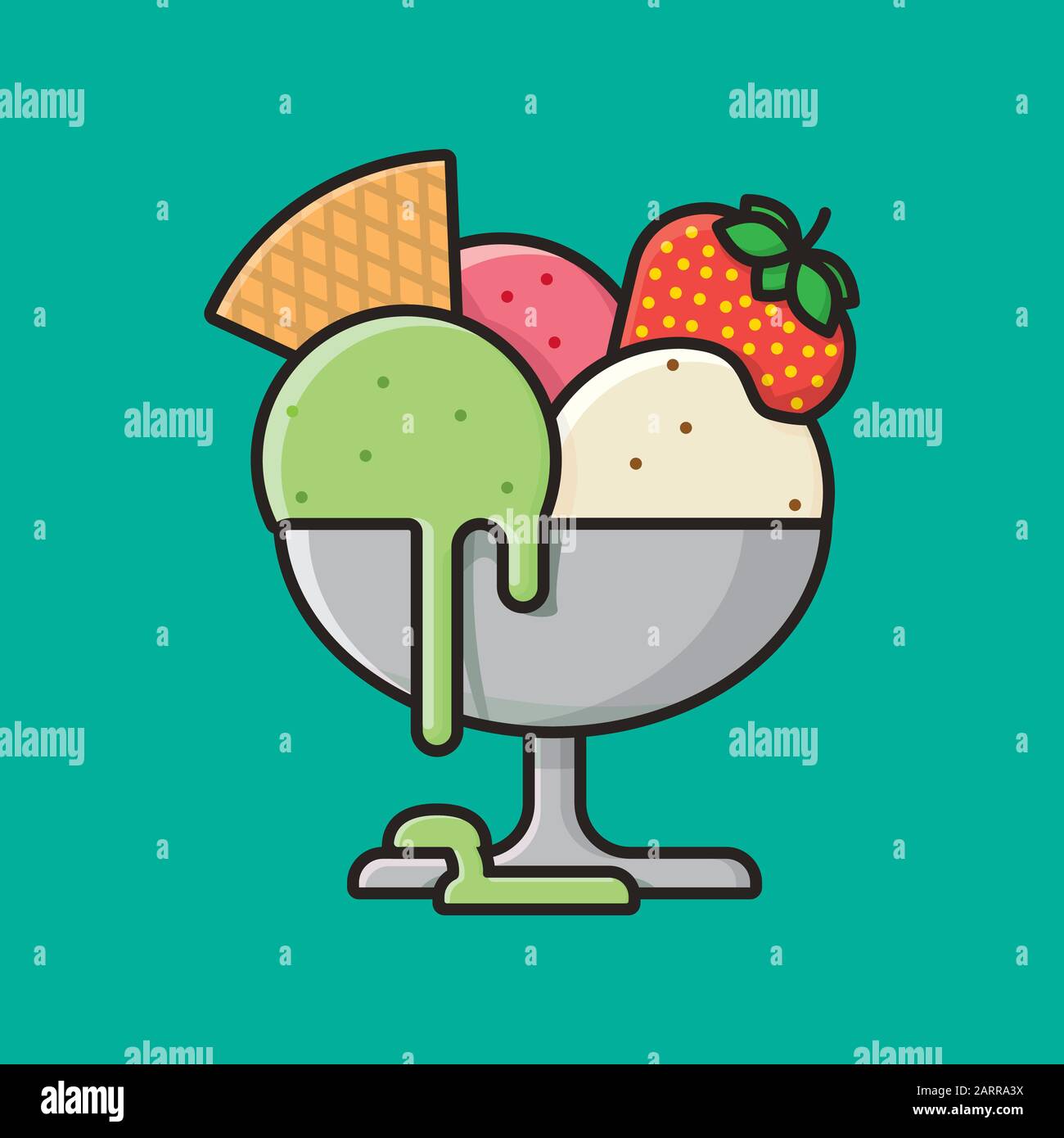 Bol de glace italienne avec illustration des saveurs de vanille, de fraise et de pistache. Symbole vectoriel de la couleur des desserts et des aliments sucrés. Illustration de Vecteur