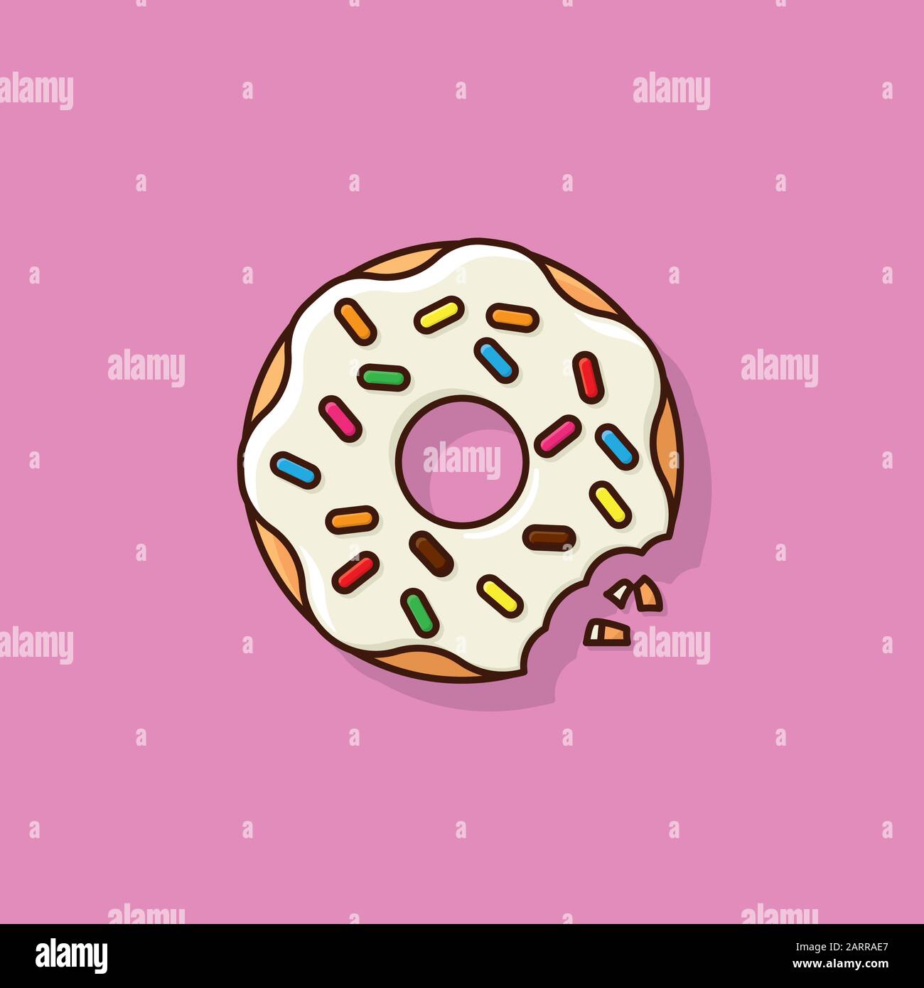 Beignet enrobé de sucre mordu avec illustration vectorielle colorée des saupoules. Manger malsain, symbole de la nourriture douce. Illustration de Vecteur