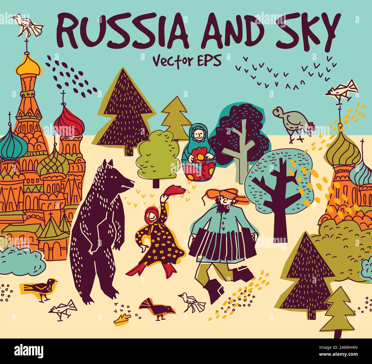 Moscou russie église bière gens oiseaux et ciel vue sur la ville Illustration de Vecteur