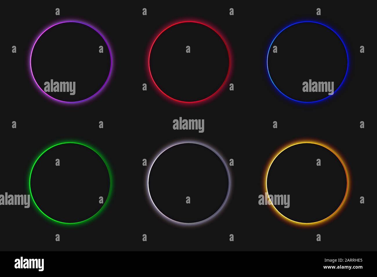 Les lentilles colorées et sombres sont des cercles lumineux qui s'illuminent toutes les couleurs définies. Brillant brillant formes rondes violet rouge bleu vert gris jaune couleurs définies. Illustration de Vecteur