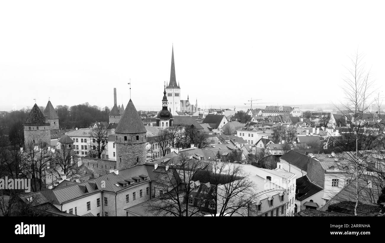 Vue panoramique monochrome de la vieille ville en hiver, Tallinn, Estonie Banque D'Images