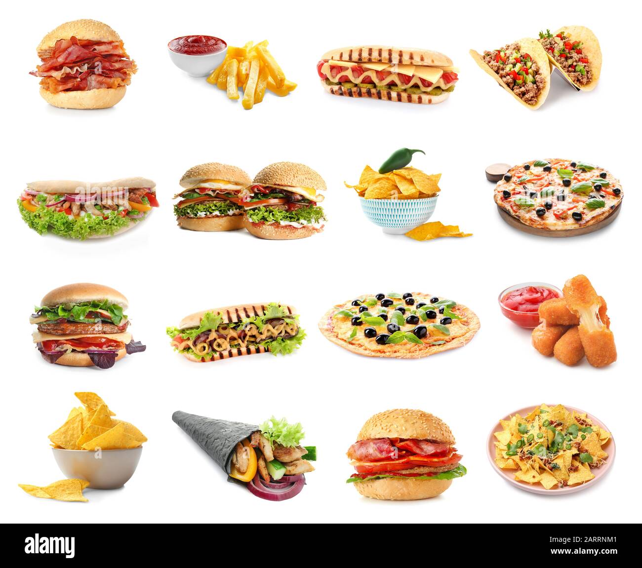 Ensemble de différents produits Fast-food sur fond blanc Banque D'Images